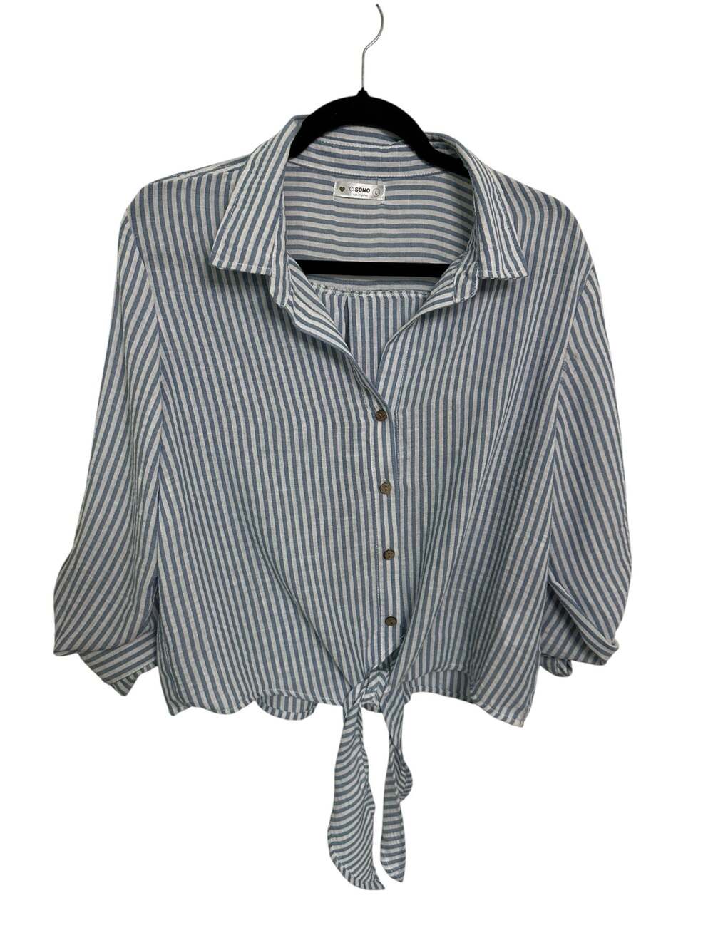 Cisono Striped Tie Front Roll-Tab Sleeve Button-Down Top